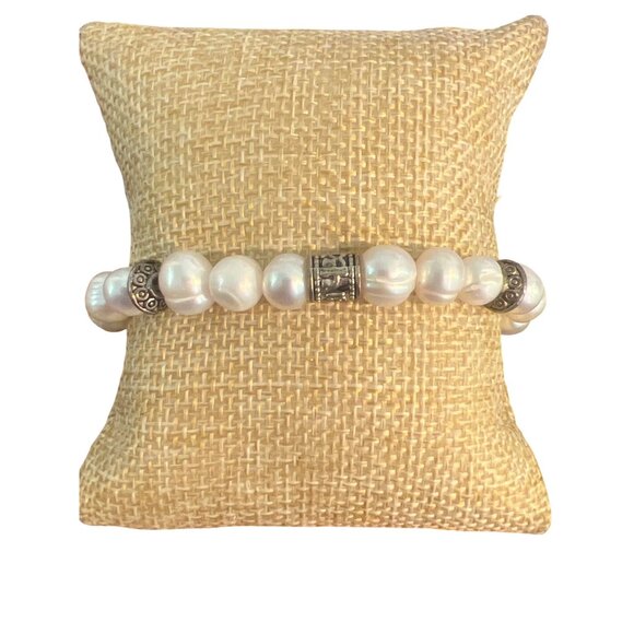 Vintage Freshwater Pearl Silver Tone Stretch Bracelet Stack Layer Estate 6.5" - Picture 2 of 4